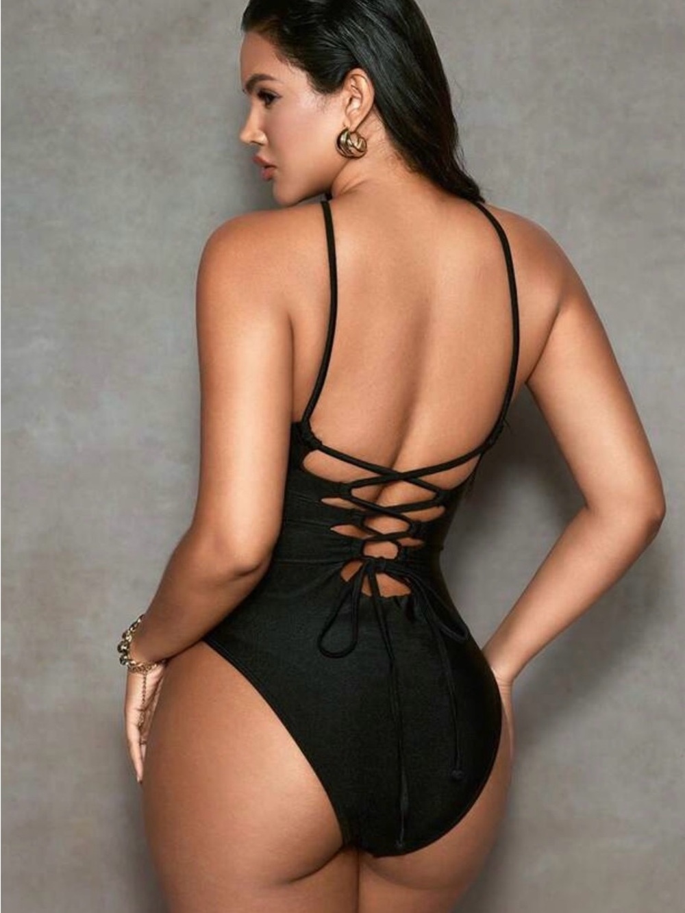 Women’s Black Strappy One-Piece Swimsuit - Picture 2 of 2